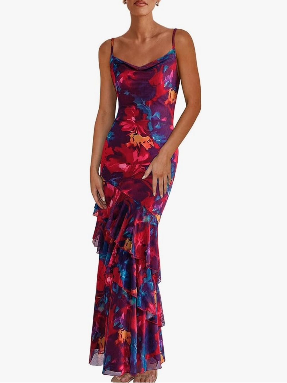 Floral Cowl-Neck Maxi Dress in Navy and Red